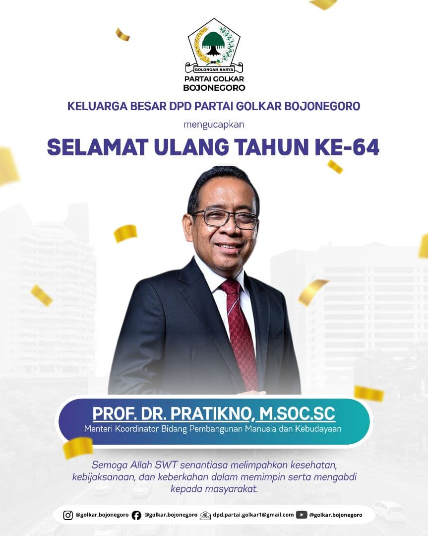Ketua DPD Golkar Bojonegoro Kirim Doa Khusus di HUT ke-64 Menko PMK Pratikno